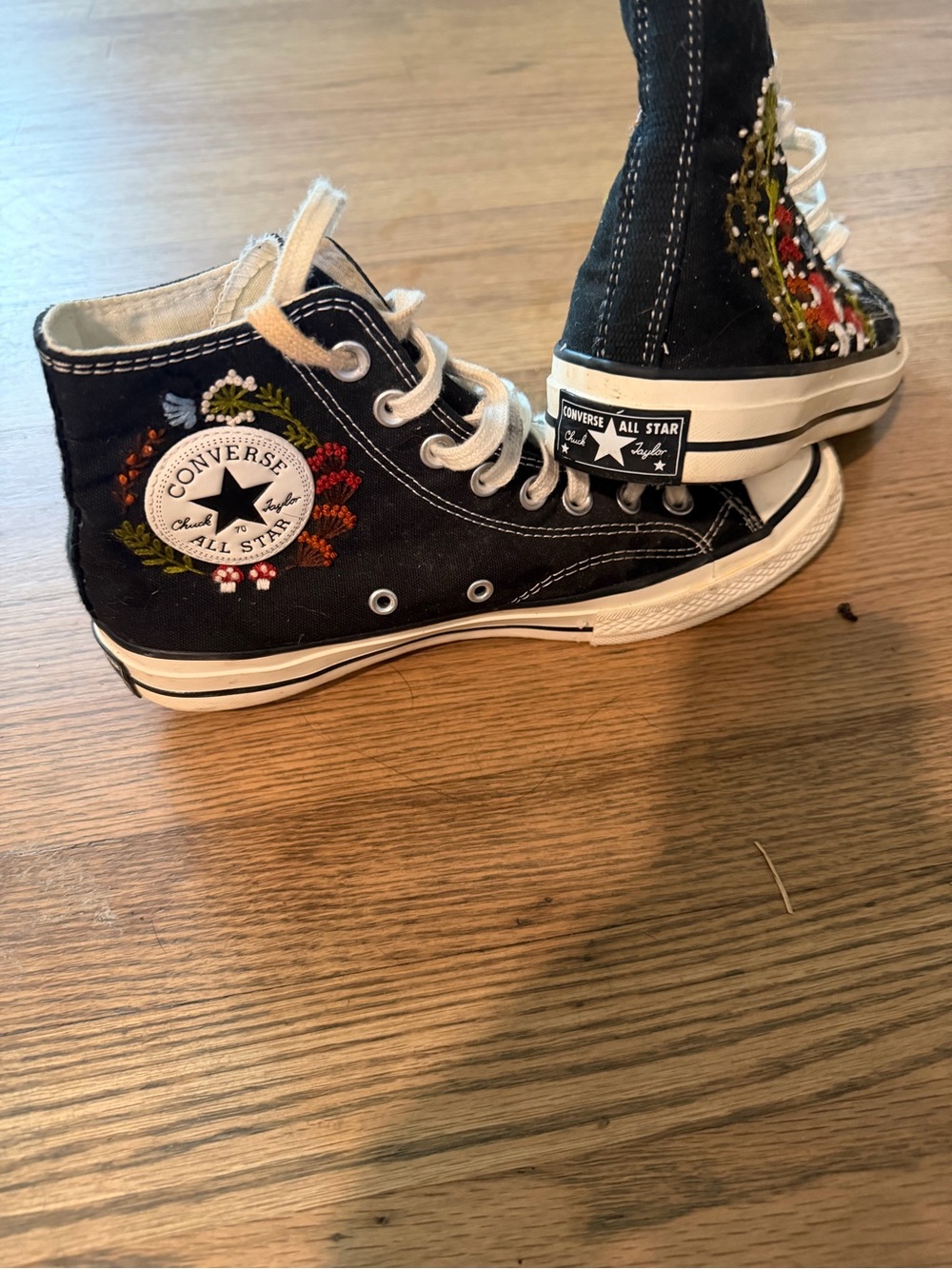 Converse Women’s/Men’s Black High-Top Sneakers with Floral Mushroom Embroidery - Picture 2 of 5